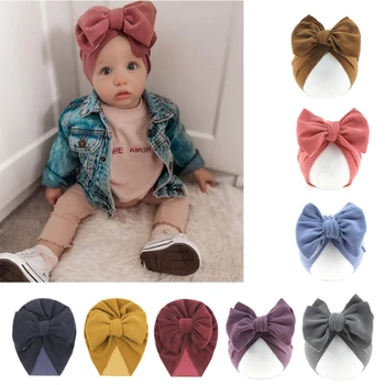 Bebek Büyük İlmek Hindistan Şapka Headwrap Düz Renk Bere Kap Sevimli Yay Pamuk Elastik Türban Bandı Yenidoğan Bebek Kız Erkek
