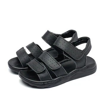 Büyük erkek siyah deri sandalet plaj sandaletleri çocuk resmi ayakkabı okul ayakkabısı çocuklar kaliteli yaz ayakkabı burnu açık 26-37 3 sapanlar