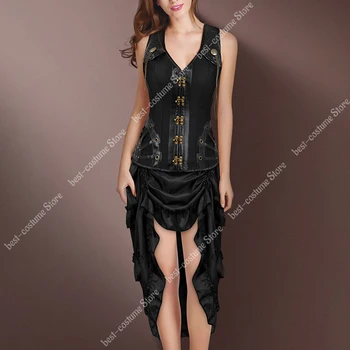 Gotik Korse Elbise Siyah Artı Boyutu Etek Steampunk Korse Iki Parçalı Setleri Korsan Kostüm Kadınlar ıçin Korse sapanlar