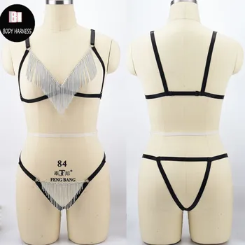 Vücut Koşum Seksi İç Çamaşırı Vücut zinciri Fetiş Rave Giyim Kafes Harajuku Gotik Kölelik Demeti Sütyen G-string Üst Kafes Sütyen giyisi
