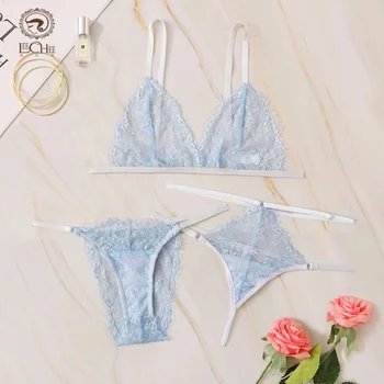 Leechee kadın İç Çamaşırı Dantel İç Çamaşırı Seksi Kadın Seti Erotik İç Çamaşırı Mavi bikini seti 3 Adet Sevimli Kiti Kadın Bralette Seti