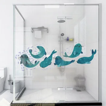 Sevimli Deniz Aslanı Kombinasyonu Duvar Sticker Oturma Odası Yatak Odası banyo küveti Dekorasyon Duvar Çıkartmaları Sanat Banyo Cam Duvar Kağıdı