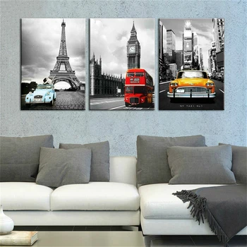 Tuval Resimleri Oturma Odası Duvar Sanatı 3 Adet Paris Kulesi New York şehir arabası Manzara Boyama Baskılar Big Ben Posteri Ev Dekor