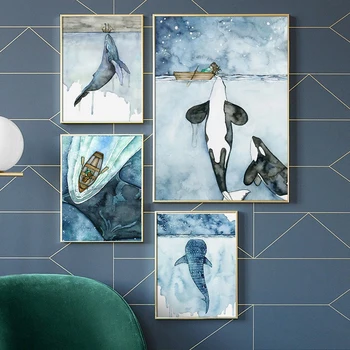 Balina Tekne Kız Suluboya Duvar Sanatı Balina Köpekbalığı Tuval Boyama Posterler Ve Baskılar Duvar Resimleri Için Oturma Odası Ev Dekor