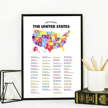 Amerika Birleşik Devletleri Haritası ve Başkentleri Grafik Posterler Tuval Boyama, Amerika ABD Duvar Sanatı Baskılar Eğitim Duvar Resimleri Ev Dekorasyonu