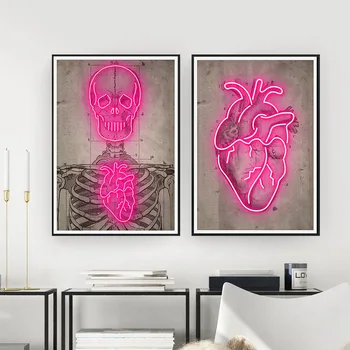 Insan Vücudu Yapısı Posteri Neon Kalp İskelet Tuval Boyama Retro sanat baskı Moda Duvar Resmi Oturma Odası Festivali Dekor