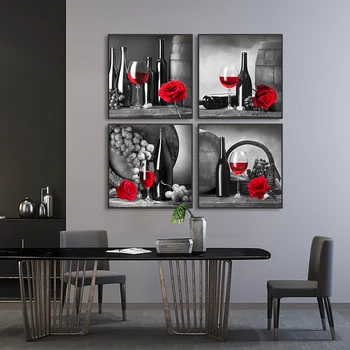 Mutfak duvar sanat dekoru Resimleri cam kırmızı şarap şişesi Gül Boyama Tuval Poster ve Baskılar Ev Dekorasyon Yemek Odası Restoran