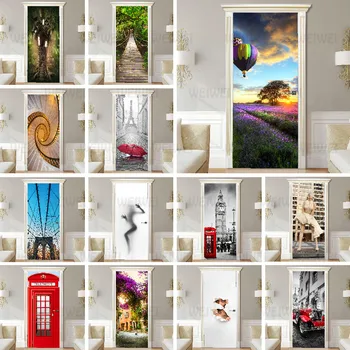 Yaratıcı 3D Kapı Sticker Peyzaj Yapı Kendinden yapışkanlı Duvar Kağıdı Kapı DIY Dekorasyon Su Geçirmez Poster Yatak Odası İçin