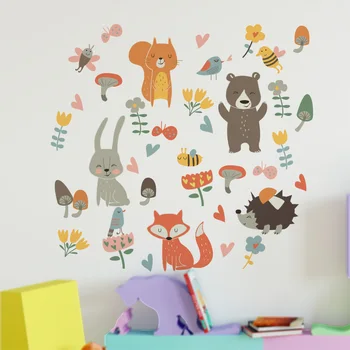 Karikatür Orman Hayvan duvar çıkartmaları Uykulu gözler Tilki Tavşan Çocuk Odası için Bebek Kreş Duvar Çıkartmaları Ev Dekorasyon Çocuk Odası
