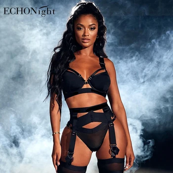 Echonight Goth İç Çamaşırı Seksi Set Kadın 3 Adet Siyah Bandaj İç Çamaşırı seti Kadın Erotik İç Çamaşırı Şehvetli İç Çamaşırı Kadın Sutyen Seti