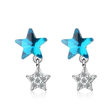 Yeni Moda Mavi Kristal Çift Yıldız Gümüş Kaplama Takı Renkli Sevimli Mini Beş Köşeli Yıldız Saplama Küpe XZE164