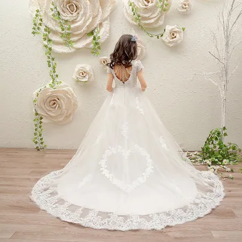 Uzun Firar Çiçek Kız Elbise Düğün için Boncuk Dantel Beyaz Komünyon Elbise Backless Çocuklar Pageant Elbise Doğum Günü için