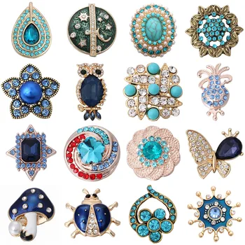 5 adet / grup Toptan Yapış Takı Altın Rhinestone Çiçek Mavi Renk 18mm Yapış Düğmeler Fit Snap Düğmesi Bilezik Kolye Kadınlar için