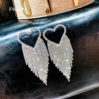 FYUAN Moda Uzun Püskül Tam Rhinestone Bırak Küpe Kadınlar için Bijoux Parlak Kalp Kristal Dangle Küpe Takı Hediyeler