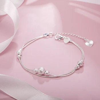 Popüler marka 925 Gümüş renk romantik Geometri boncuk Zincir Bilezik Kadın Erkek Moda Düğün Güzel Takı Tatil hediye