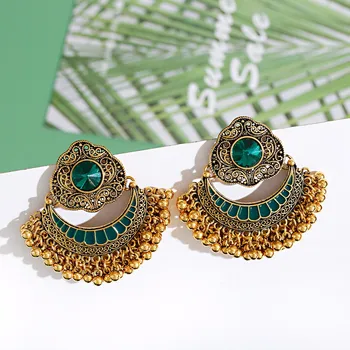 Zarif Vintage kadın Yeşil kristal boncuklar Küpe Bijoux Yaz Çingene Bollywood Bohemia Altın Renk Düğün Küpe Askıları