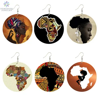 SOMESOOR Yeni Varış Afrika Harita Ahşap Etnik Küpe Takı Afro Gözyaşları Headwrap Kadın Siyah Kraliçe Vintage Boyalı Kulak Takı